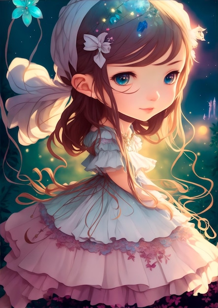 Cute cartoon girl anime girl with flowers