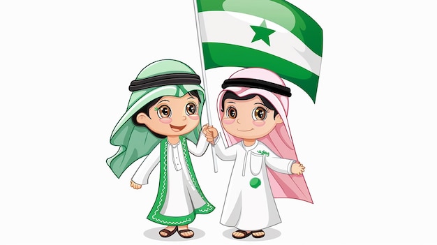 A cute cartoon girl and boy holding flag for celebrating independence day