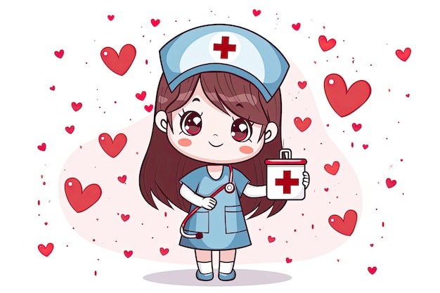 A cute cartoon girl dressed as a nurse in a royal blue uniform holding a first aid kit surrounded by