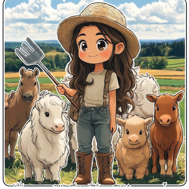 Photo cute cartoon girl farmer with