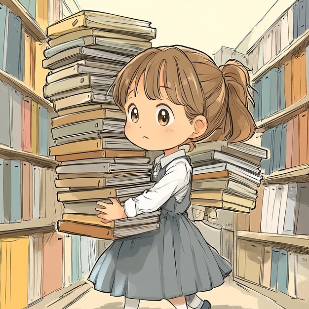 Photo cute cartoon girl holding stack of books isolated on white