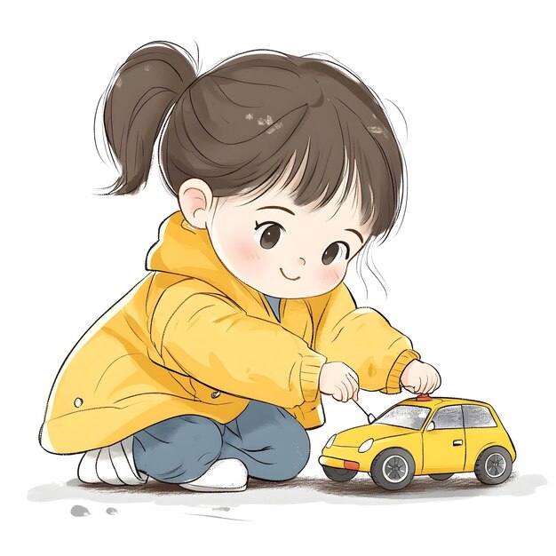 Cute Cartoon Girl Playing with Toy Car on Clean White Background