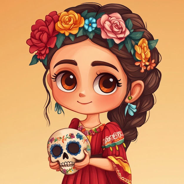 Photo a cute cartoon girl in traditional mexican