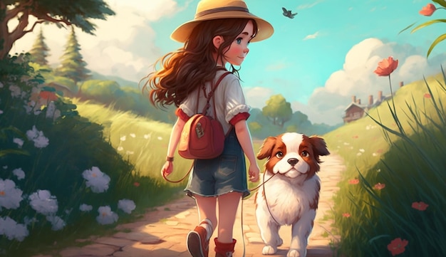 Cute Cartoon Girl Walking With Her Dog Generative AI