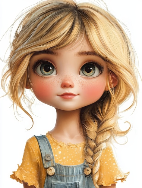 Photo cute cartoon girl with braids