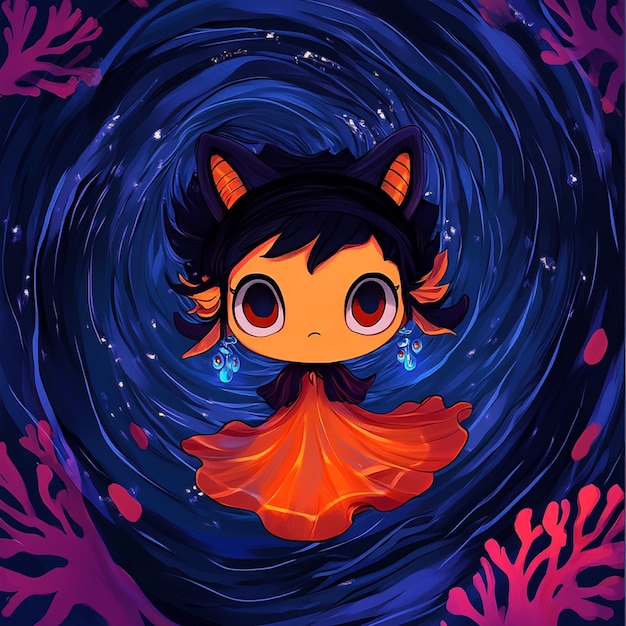 Photo cute cartoon girl with cat ears in a whirl of water