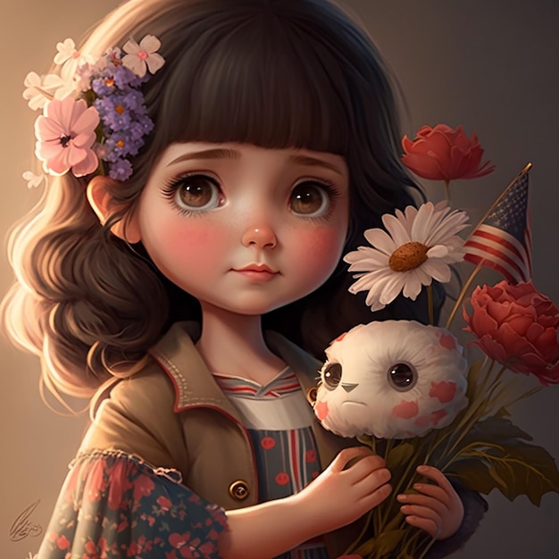 Cute cartoon girl with flower