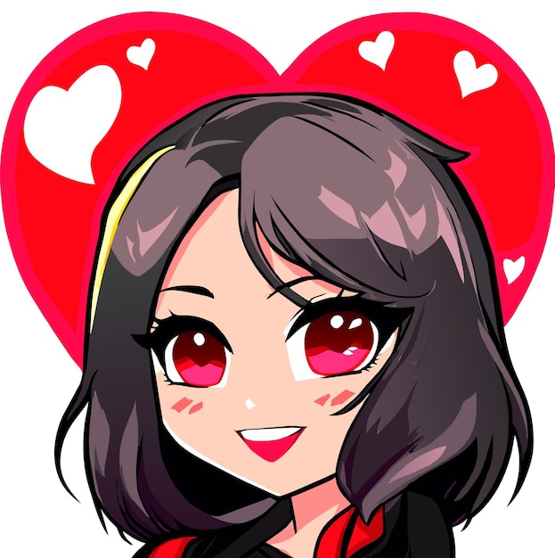 Cute cartoon girl with heart sticker in kawaii chibi style illustration