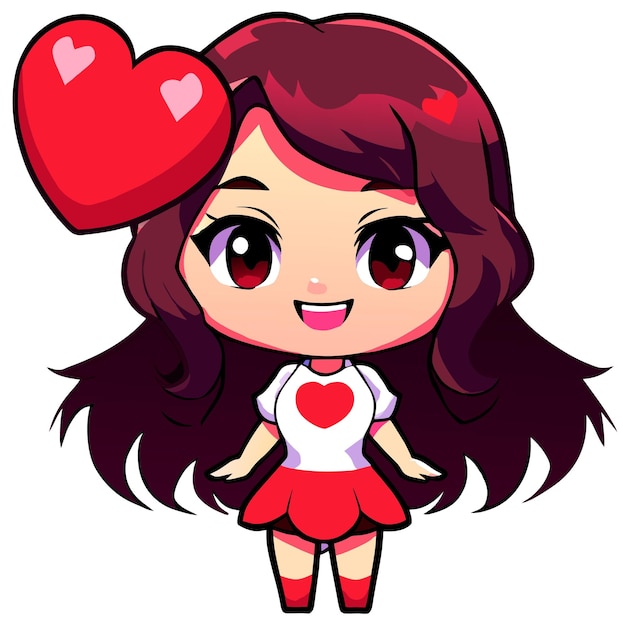 Cute cartoon girl with heart sticker in kawaii chibi style illustration