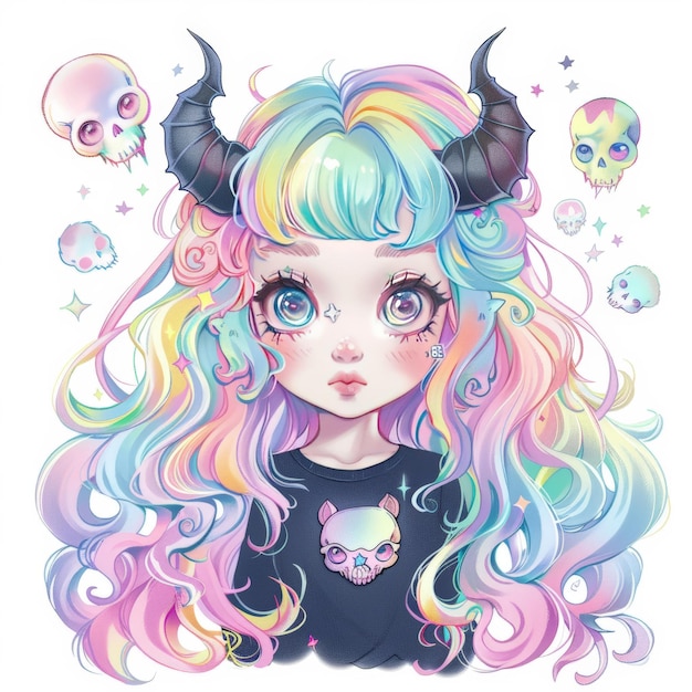 A cute cartoon girl with rainbow hair devil horns and skulls