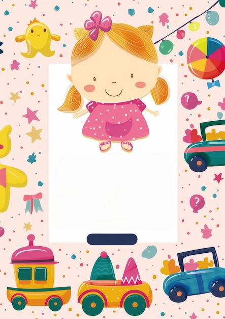 Cute Cartoon Girl with Toys and Decorative Background