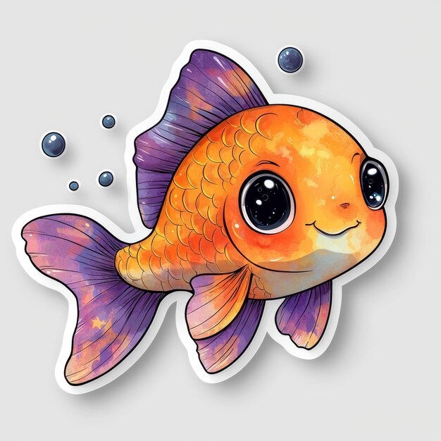 Cute Cartoon Goldfish with Big Eyes and Purple Fins