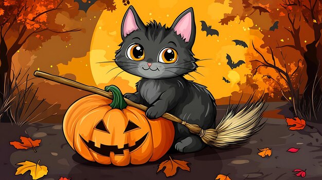 Cute cartoon Halloween cat sitting on a pumpkin holding a broom