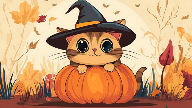 Cute cartoon Halloween cat wearing a witch hat on a pumpkin vector