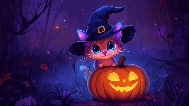 Cute cartoon Halloween cat wearing a witch hat on a pumpkin vector