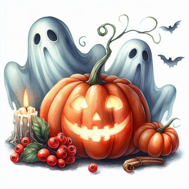 Cute cartoon Halloween ghost carrying pumpkin Jackolantern watercolor AI Generated