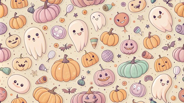 Photo cute cartoon halloween pattern with pumpkins ghosts bats and stars