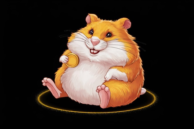 Photo cute cartoon hamster holding coin on black background