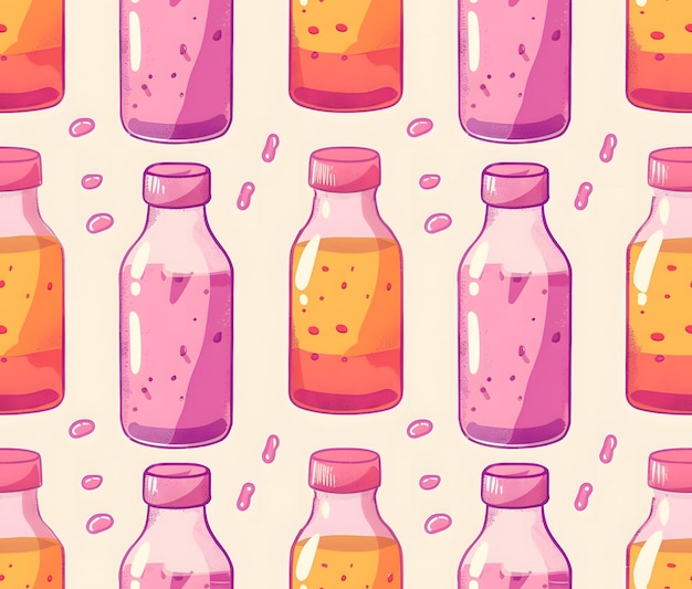 Cute cartoon hand drawn seamless pattern of soft drink bottles with faces pink background