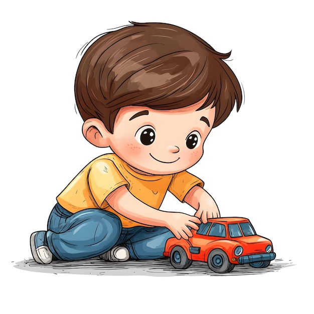 Cute Cartoon of Happy Boy Playing with Toy Car on Clean White Background