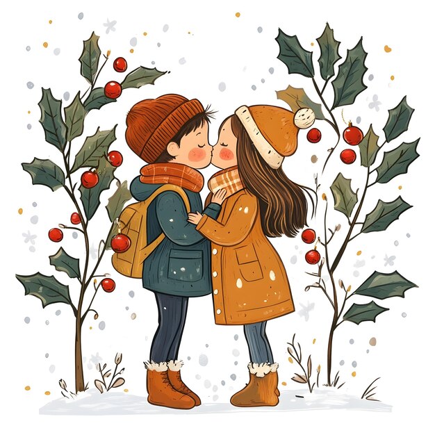 Photo cute cartoon of happy new year s eve midnight kiss under mistletoe