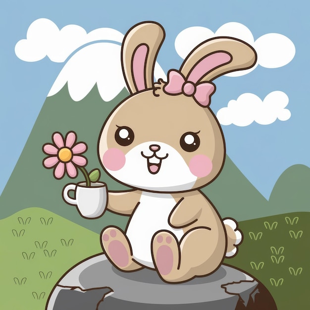 Photo cute cartoon hare character with flowers in cup