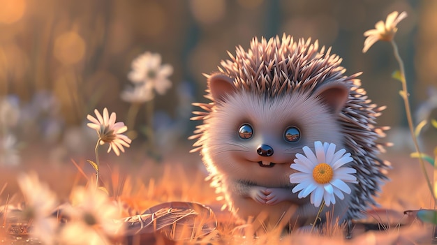 Photo a cute cartoon hedgehog holding a daisy in a field