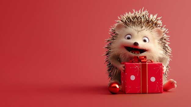 Photo a cute cartoon hedgehog holding a red gift box in front of a red background