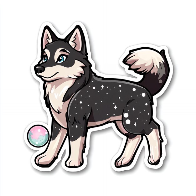 Photo cute cartoon husky dog with galaxy pattern and ball