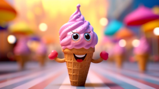 Cute Cartoon Ice Cream Cone Character awaii 3D Ice Cream Icon with a Cute Waffle Cone and Playful Funny Face