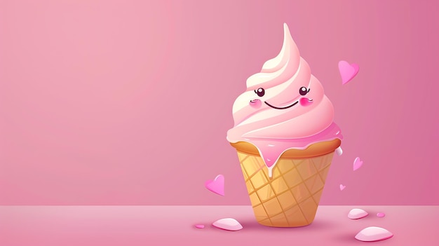 A cute cartoon ice cream cone with a pink and white swirl of ice cream smiles with hearts around it