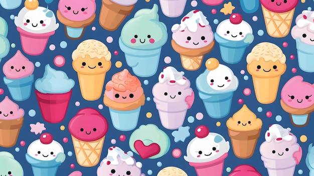 Cute cartoon ice creams on white background in japan kawaii style