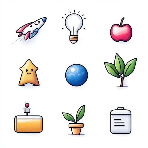 Photo cute cartoon icons set of rocket light bulb apple star earth plant game controller plant in pot