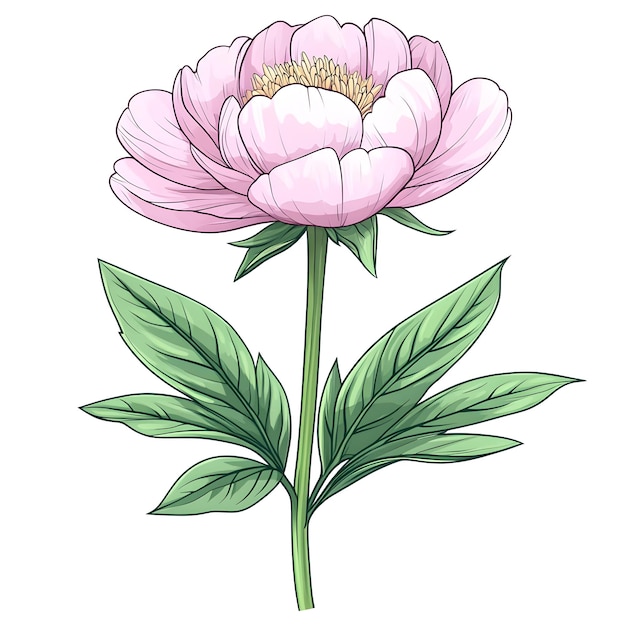 Cute Cartoon Illustrated Peony Flower on Clean White Background