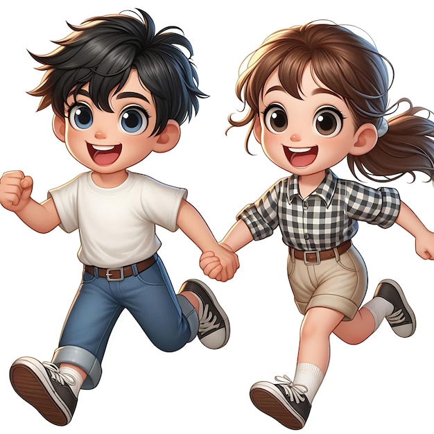 Photo a cute cartoon illustration of a boy and a girl holding hands and happily running