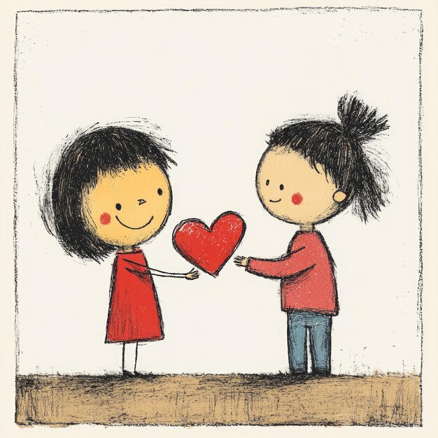 Photo a cute cartoon illustration of a boy giving a girl a heart