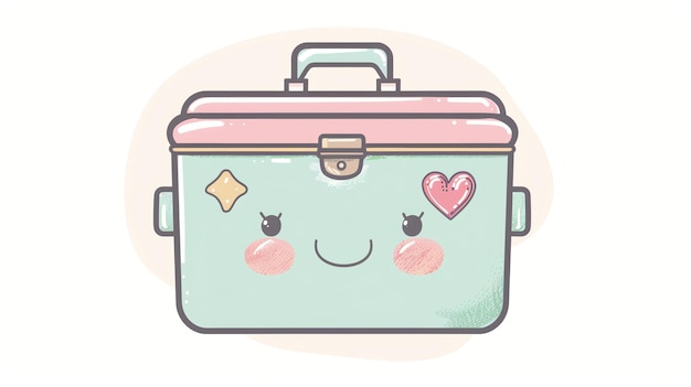 Cute cartoon illustration of a green suitcase with a pink top and a happy face