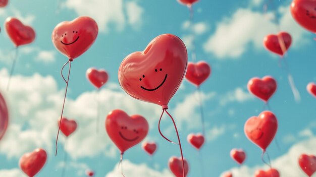 A cute cartoon illustration of heart characters floating in the air with heartshaped balloons brin