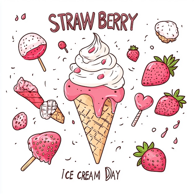 Cute cartoon illustration of strawberry ice cream