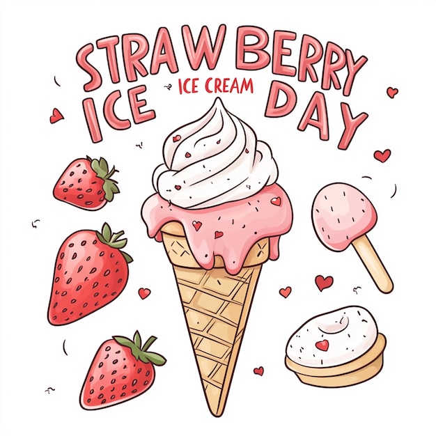 Cute cartoon illustration of strawberry ice cream