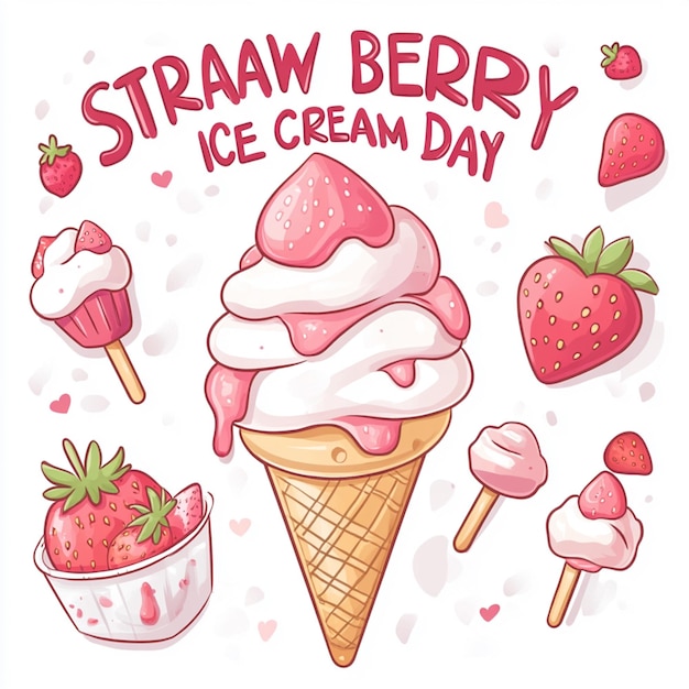 Cute cartoon illustration of strawberry ice cream