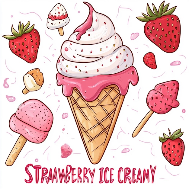 Cute cartoon illustration of strawberry ice cream