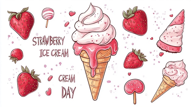 Cute cartoon illustration of strawberry ice cream