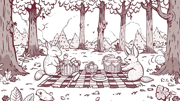 Photo a cute cartoon image of a picnic in the woods a family of rabbits is enjoying a picnic in a clearing in the forest