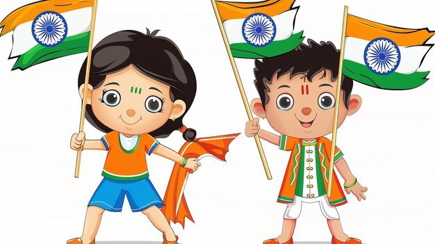 Photo a cute cartoon indian girl and boy holding flag for celebrating independence day