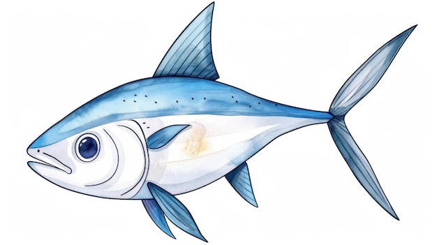 Cute cartoon ink watercolor illustration of a friendly swordfish with sleek blue