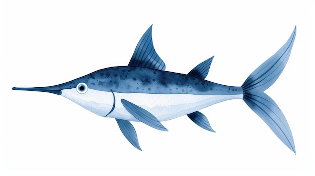 Cute cartoon ink watercolor illustration of a friendly swordfish with sleek blue