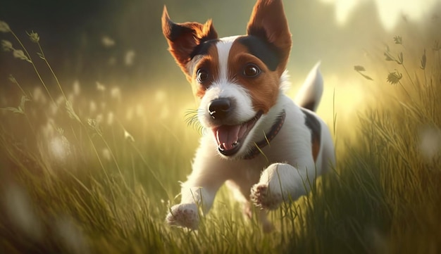 Cute Cartoon Jack Russell Terrier Dog Running through a Meadow Generative AI