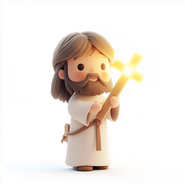 Cute Cartoon Jesus Holding a Glowing Cross Jesus 3D character