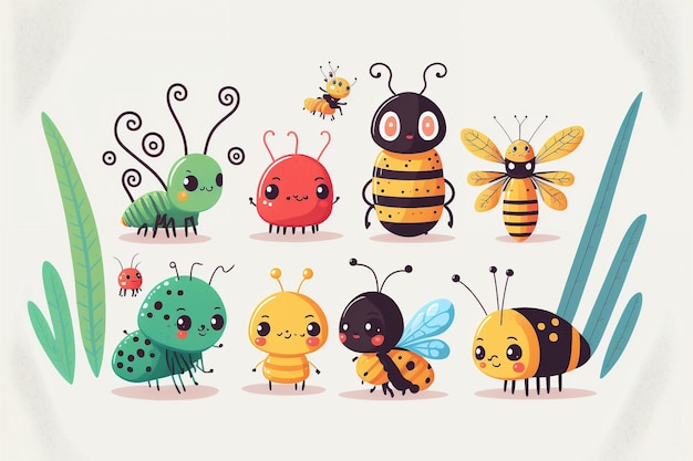 Cute cartoon kawaii insect set creative digital painting